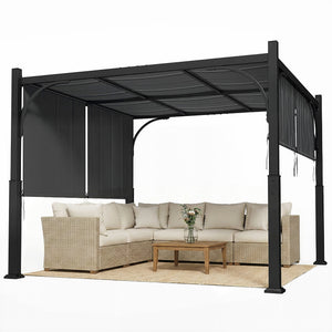Pergola de jardin 3 x 3 m, tonnelle de jardin avec Auvent coulissant, structure métallique, abri solaire extérieur pour terrasse ou balcon, Gris Foncé