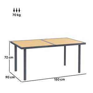 Table à manger de jardin pour 6 personnes, table de jardin avec plateau effet bois rectangulaire en acier anti-rouille pour patio, terrasse, 150 x 90 x 72 cm, bois naturel