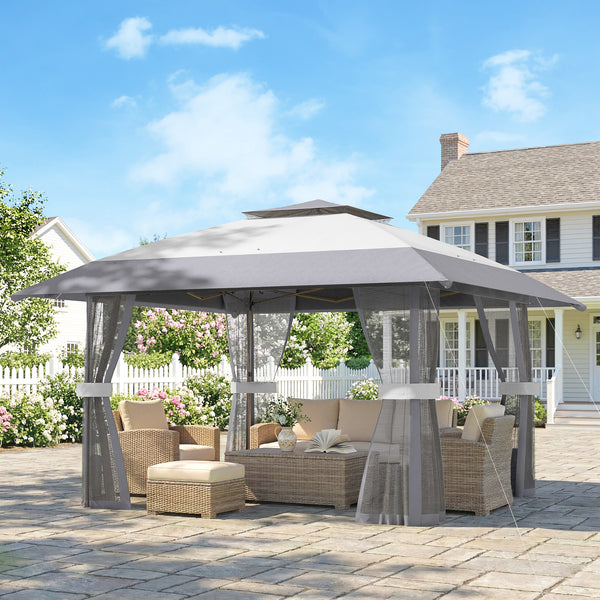 Tonnelle de jardin 4 x 4 m pop up tente pliante réglable en hauteur protection UV30+ tonnelle pliante avec double toit 4 parois en maille 4 sacs de sable sac de transport montage facile gris