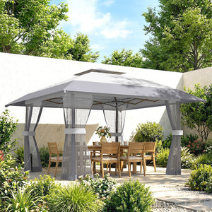 Tonnelle de jardin 4 x 4 m pop up tente pliante réglable en hauteur protection UV30+ tonnelle pliante avec double toit 4 parois en maille 4 sacs de sable sac de transport montage facile gris