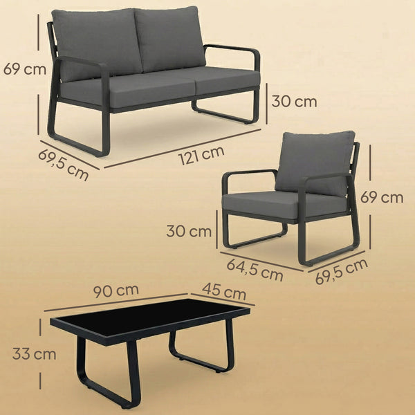 Salon de Jardin 4 Pièces avec Coussins Déhoussables Très Épais 16cm - Canapé et Fauteuils de Terrasse en Métal Robuste - Salon Bas de Jardin, Table Basse en Verre Trempé, Noir