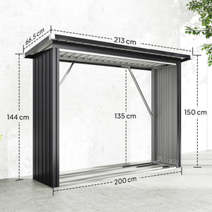 Abri-bûches Couvert en Acier Galvanisé, Support pour Bois de Chauffage Robuste, Montage Rapide, Étagère à Bûches Extérieur Plancher Surélevé Toit Incliné, 213x66,5x150cm, Gris Foncé