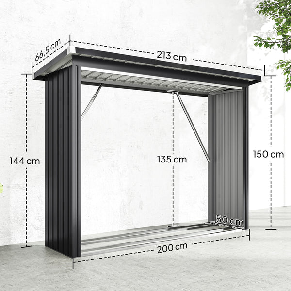 Abri-bûches Couvert en Acier Galvanisé, Support pour Bois de Chauffage Robuste, Montage Rapide, Étagère à Bûches Extérieur Plancher Surélevé Toit Incliné, 213x66,5x150cm, Gris Foncé