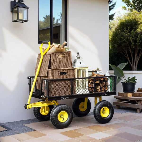 Chariot de jardin en acier, chariot de transport, côtés amovibles transformable en plateau, 4 roues, 200 kg, charrette, remorque, poignée rotative à 180°, noir et jaune
