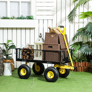 Chariot de jardin en acier, chariot de transport, côtés amovibles transformable en plateau, 4 roues, 200 kg, charrette, remorque, poignée rotative à 180°, noir et jaune