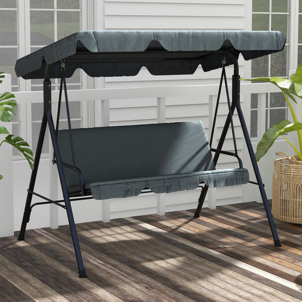 Balancelle de Jardin 3 Places Toit Inclinaison réglable Coussins Assise et Dossier 1,72L x 1,1l x 1,53H m Acier Noir Polyester Gris