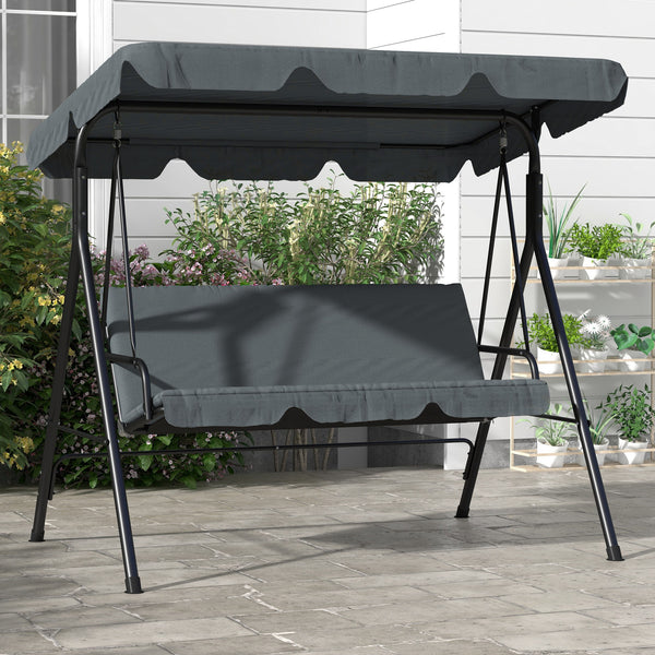 Balancelle de Jardin 3 Places Toit Inclinaison réglable Coussins Assise et Dossier 1,72L x 1,1l x 1,53H m Acier Noir Polyester Gris