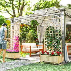 Jardinière avec treillis, bac à fleurs avec roues, lit surélevé, pour plantes grimpantes, légumes, fleurs, bois massif, intérieur et extérieur, cour jardin balcon, 82,5x35x186cm, bois naturel