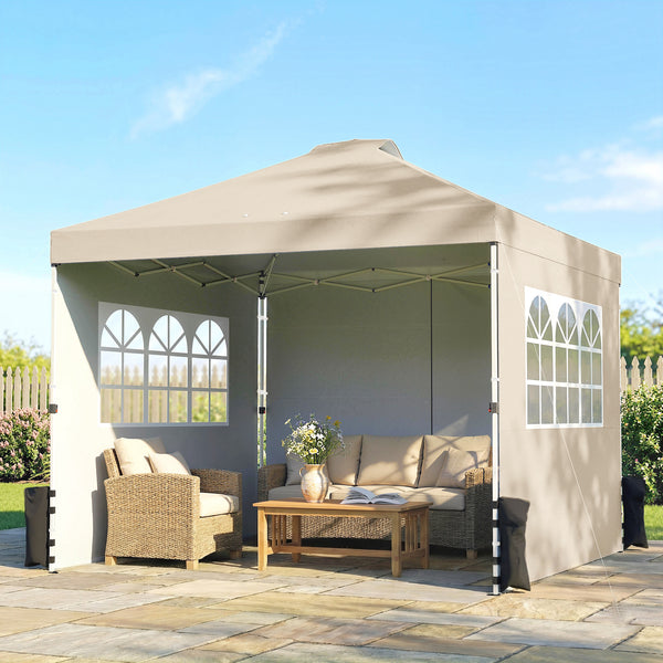 Tonnelle de jardin 3 x 3 m pop up tente pliante réglable en hauteur imperméable protection UV50+ tonnelle pliante avec 3 parois latérales sacs de sable sac de transport à Roulettes crème