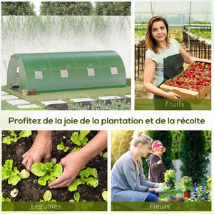 Serre de Jardin Tunnel 18 m² dim. 6L x 3l x 2H m - 8 fenêtres, Porte zippée Enroulable - châssis Tubulaire Acier galvanisé, bâche PE Haute densité Vert