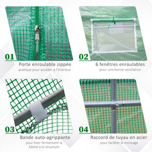 Serre Tunnel de Jardin 10,5 m² dim. 3,5L x 3l x 2H m Porte + 6 fenêtres enroulables Acier galvanisé bâche PE Haute densité Vert