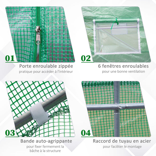 Serre Tunnel de Jardin 10,5 m² dim. 3,5L x 3l x 2H m Porte + 6 fenêtres enroulables Acier galvanisé bâche PE Haute densité Vert