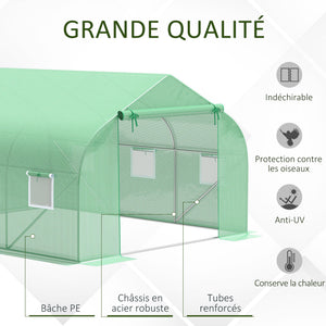 Serre Tunnel de Jardin 10,5 m² dim. 3,5L x 3l x 2H m Porte + 6 fenêtres enroulables Acier galvanisé bâche PE Haute densité Vert