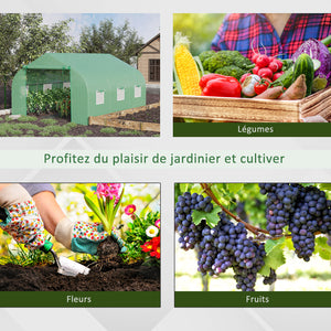Serre Tunnel de Jardin 10,5 m² dim. 3,5L x 3l x 2H m Porte + 6 fenêtres enroulables Acier galvanisé bâche PE Haute densité Vert