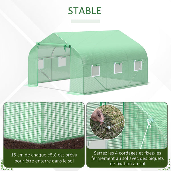 Serre Tunnel de Jardin 10,5 m² dim. 3,5L x 3l x 2H m Porte + 6 fenêtres enroulables Acier galvanisé bâche PE Haute densité Vert