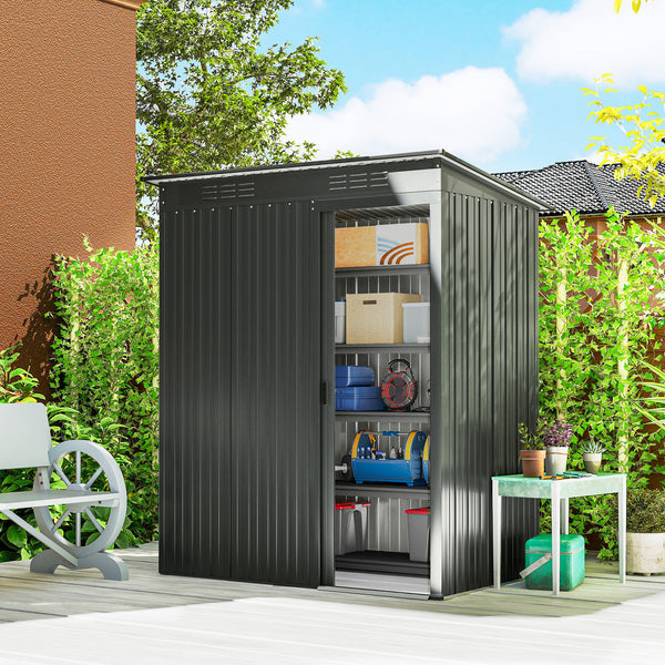 Abri de jardin en métal 1,37 m², cabane de jardin à outils, 159 x 106 x 181 cm, 2 paires de gants inclus, porte coulissante, aérations et toit en pente, montage facile, gris foncé
