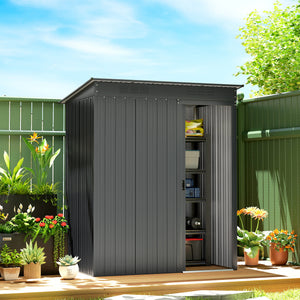 Abri de jardin en métal 1,37 m², cabane de jardin à outils, 159 x 106 x 181 cm, 2 paires de gants inclus, porte coulissante, aérations et toit en pente, montage facile, gris foncé