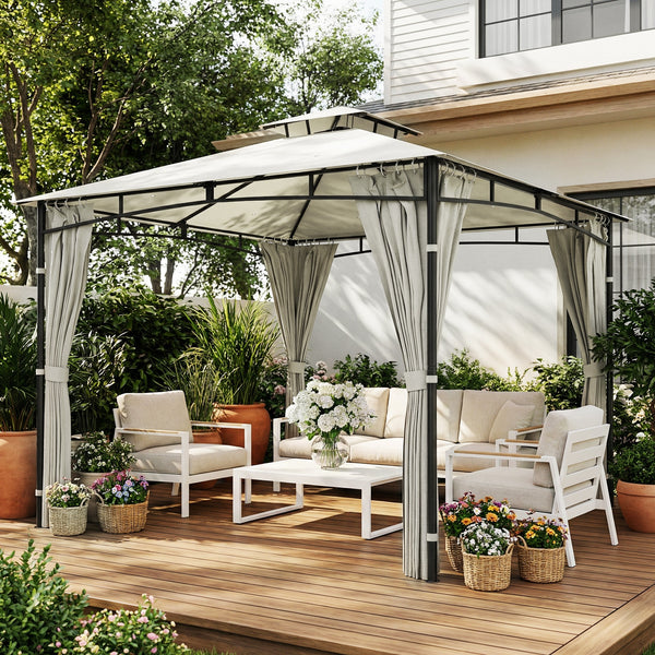 Tonnelle de Jardin Extérieur 3x3m Pavillon Métal Ø 48mm - Cadre de Toit Rétractable & Double Toit UV50+ - Abri de Jardin Imperméable Robuste pour 6-8 Personnes, Crème