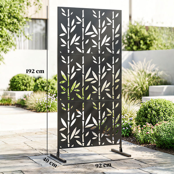 Panneau Brise Vue décoratif Extérieur Claustra Décoratif Jardin 3 Panneaux à motif Bambou paravent extérieur avec support en métal 92 x 40 x 192 cm, Noir