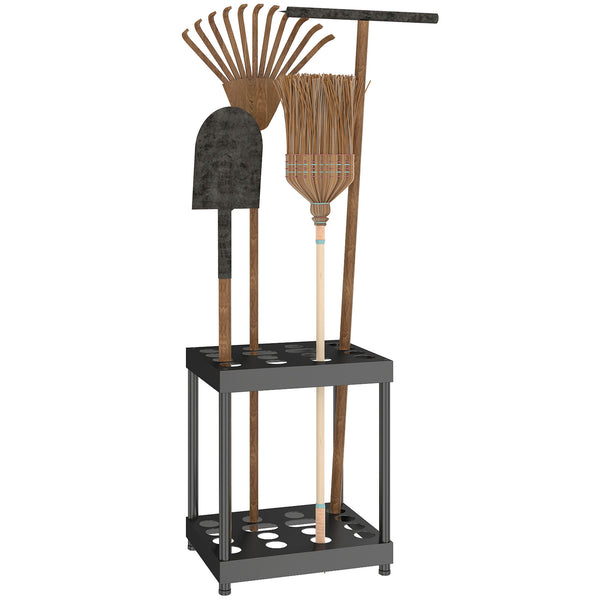 Organisateur d'outils de jardin, support à outils de jardin 16 compartiments à 2 niveaux avec coussinets réglables pour sécateurs, pelles, râteaux, pour abri, garage, noir