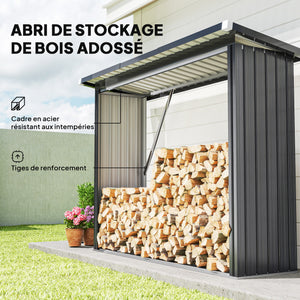 Abri-bûches Couvert en Acier Galvanisé, Support pour Bois de Chauffage Robuste, Montage Rapide, Étagère à Bûches Extérieur Plancher Surélevé Toit Incliné, 213x66,5x150cm, Gris Foncé