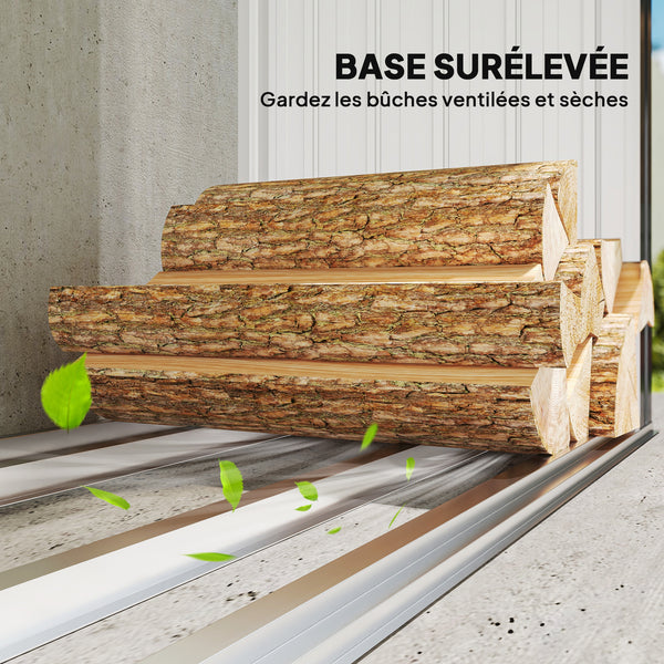 Abri-bûches Couvert en Acier Galvanisé, Support pour Bois de Chauffage Robuste, Montage Rapide, Étagère à Bûches Extérieur Plancher Surélevé Toit Incliné, 213x66,5x150cm, Gris Foncé