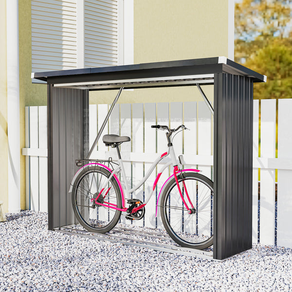 Abri-bûches Couvert en Acier Galvanisé, Support pour Bois de Chauffage Robuste, Montage Rapide, Étagère à Bûches Extérieur Plancher Surélevé Toit Incliné, 213x66,5x150cm, Gris Foncé