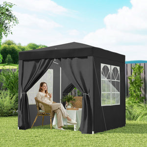 Tonnelle de jardin extérieure 2 x 2 m, tonnelle pliante pop-up, réglable en hauteur, protection UV, cadre en acier, 4 côtés amovibles, pour camping, festival, plage, sac de transport, noir