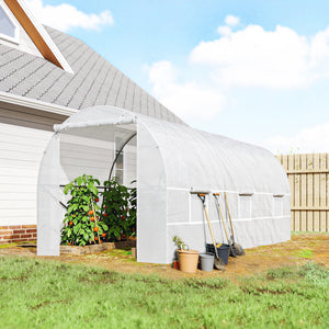Serre tunnel de jardin 9m², serre de jardin tunnel 445x200x200cm avec porte et 6 fenêtres, pour extérieur, toutes saisons, légumes, fruits, fleurs, bâche PE haute densité 140 g/m² blanc