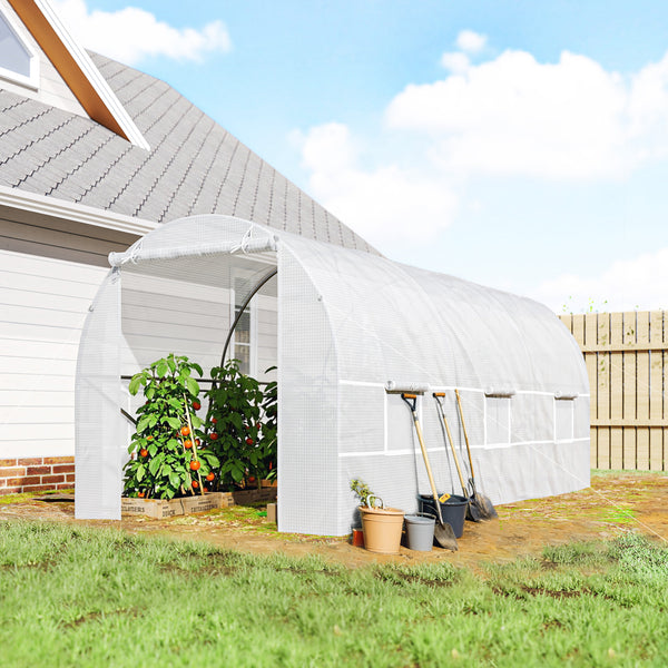 Serre tunnel de jardin 9m², serre de jardin tunnel 445x200x200cm avec porte et 6 fenêtres, pour extérieur, toutes saisons, légumes, fruits, fleurs, bâche PE haute densité 140 g/m² blanc
