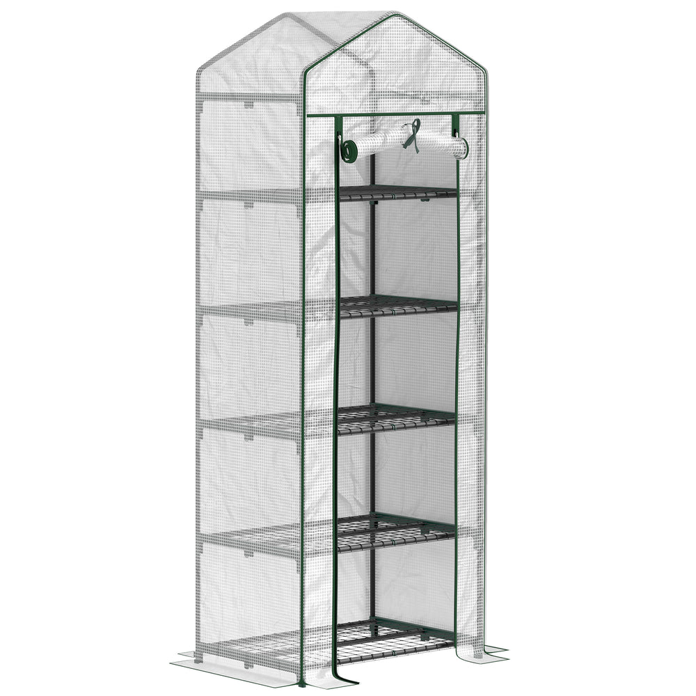 Serre de jardin PE avec étagères 5 niveaux, serre de balcon, bâche renforcée, châssis en acier, porte zippée enroulable, pour légumes plantes fleurs, 69 x 49 x 193 cm, blanc
