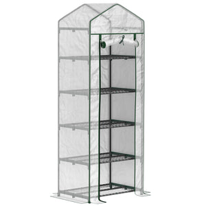 Serre de jardin PE avec étagères 5 niveaux, serre de balcon, bâche renforcée, châssis en acier, porte zippée enroulable, pour légumes plantes fleurs, 69 x 49 x 193 cm, blanc