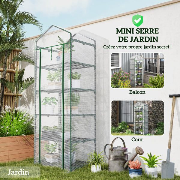 Serre de jardin PE avec étagères 5 niveaux, serre de balcon, bâche renforcée, châssis en acier, porte zippée enroulable, pour légumes plantes fleurs, 69 x 49 x 193 cm, blanc