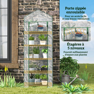 Serre de jardin PE avec étagères 5 niveaux, serre de balcon, bâche renforcée, châssis en acier, porte zippée enroulable, pour légumes plantes fleurs, 69 x 49 x 193 cm, blanc