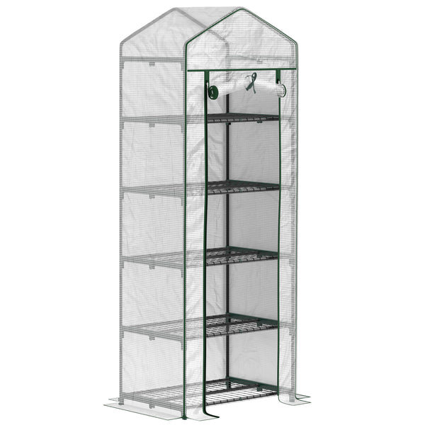 Serre de jardin PE avec étagères 5 niveaux, serre de balcon, bâche renforcée, châssis en acier, porte zippée enroulable, pour légumes plantes fleurs, 69 x 49 x 193 cm, blanc