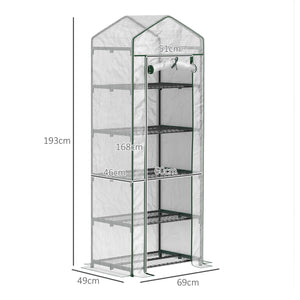 Serre de jardin PE avec étagères 5 niveaux, serre de balcon, bâche renforcée, châssis en acier, porte zippée enroulable, pour légumes plantes fleurs, 69 x 49 x 193 cm, blanc