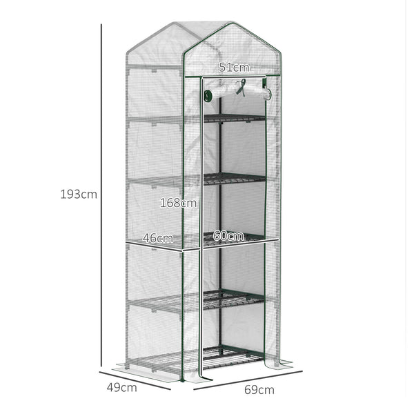Serre de jardin PE avec étagères 5 niveaux, serre de balcon, bâche renforcée, châssis en acier, porte zippée enroulable, pour légumes plantes fleurs, 69 x 49 x 193 cm, blanc