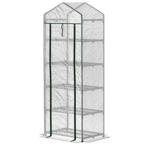 Serre de jardin PE avec étagères 5 niveaux, serre de balcon, bâche renforcée, châssis en acier, porte zippée enroulable, pour légumes plantes fleurs, 69 x 49 x 193 cm, blanc