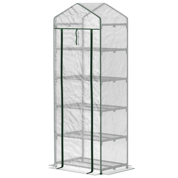 Serre de jardin PE avec étagères 5 niveaux, serre de balcon, bâche renforcée, châssis en acier, porte zippée enroulable, pour légumes plantes fleurs, 69 x 49 x 193 cm, blanc