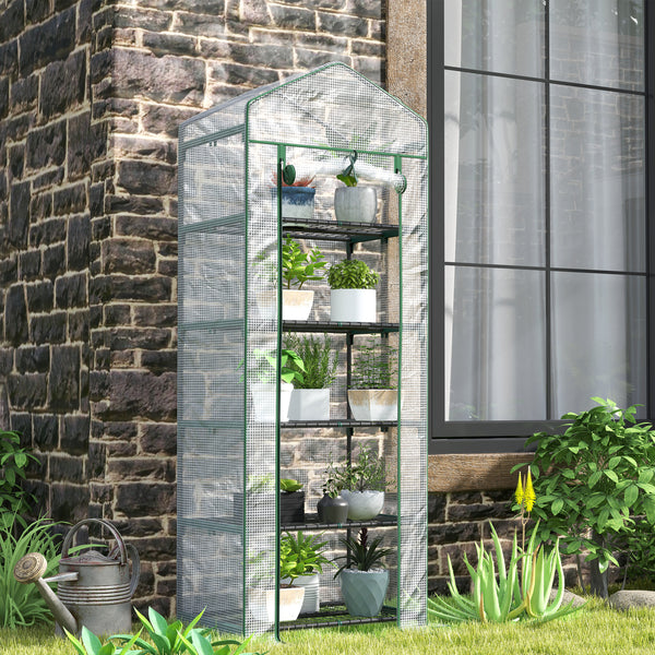 Serre de jardin PE avec étagères 5 niveaux, serre de balcon, bâche renforcée, châssis en acier, porte zippée enroulable, pour légumes plantes fleurs, 69 x 49 x 193 cm, blanc