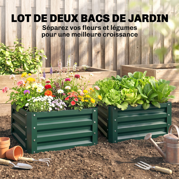 Lot de 2 jardinières surélevées en acier galvanisé 60 x 60 x 30,5 cm, carre potager de jardin pour légumes, fleurs et herbes, vert