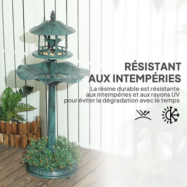 Bain d'oiseaux Abreuvoir pour Oiseaux jardinière 3 en 1 dim. Ø 50 x 113H cm polypropylène vert-de-gris