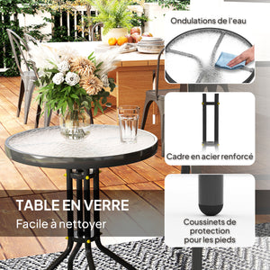 3 pièces salon de jardin extérieur, ensemble de meubles 2 fauteuils empilables, table basse avec dessus en verre trempé, tissu en textilène, pour patio, terrasse, balcon, noir