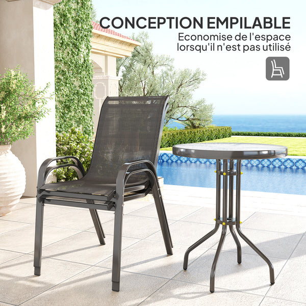 3 pièces salon de jardin extérieur, ensemble de meubles 2 fauteuils empilables, table basse avec dessus en verre trempé, tissu en textilène, pour patio, terrasse, balcon, noir