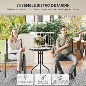 3 pièces salon de jardin extérieur, ensemble de meubles 2 fauteuils empilables, table basse avec dessus en verre trempé, tissu en textilène, pour patio, terrasse, balcon, noir