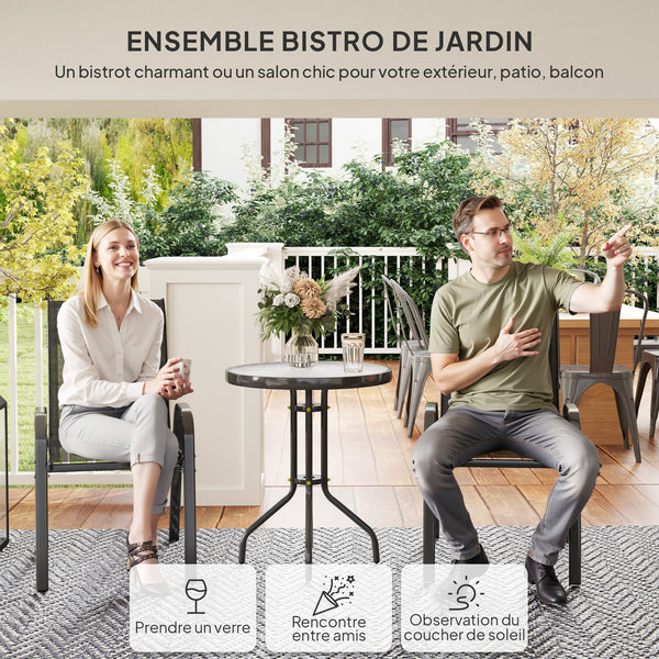 3 pièces salon de jardin extérieur, ensemble de meubles 2 fauteuils empilables, table basse avec dessus en verre trempé, tissu en textilène, pour patio, terrasse, balcon, noir