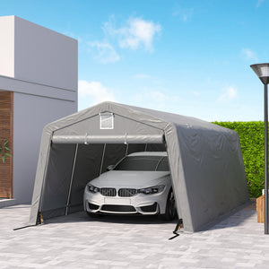 Tente garage carport dim. 6,2L x 3,3l x 2,4H m acier galvanisé robuste PE haute densité 150 g/m² imperméable anti-UV, 1 porte gris clair et 2 aérations