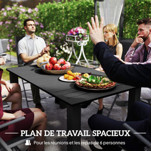 Table de jardin rectangulaire pour 4 à 6 personnes, table à manger extérieure avec trou pour parasol plateau en métal à lattes, structure en acier, pour balcon, 150 x 90 x 73 cm, noir