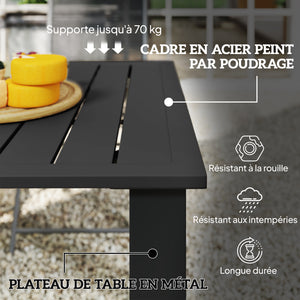 Table de jardin rectangulaire pour 4 à 6 personnes, table à manger extérieure avec trou pour parasol plateau en métal à lattes, structure en acier, pour balcon, 150 x 90 x 73 cm, noir