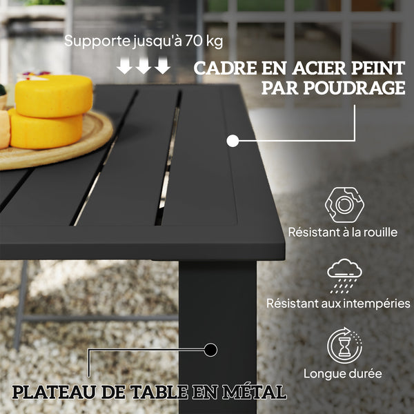 Table de jardin rectangulaire pour 4 à 6 personnes, table à manger extérieure avec trou pour parasol plateau en métal à lattes, structure en acier, pour balcon, 150 x 90 x 73 cm, noir